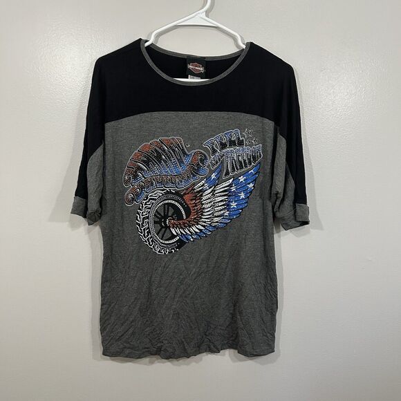 Harley-Davidson Women's Size XL Shirt Bling Retro Feel the Freedom Black Gray - Picture 1 of 8